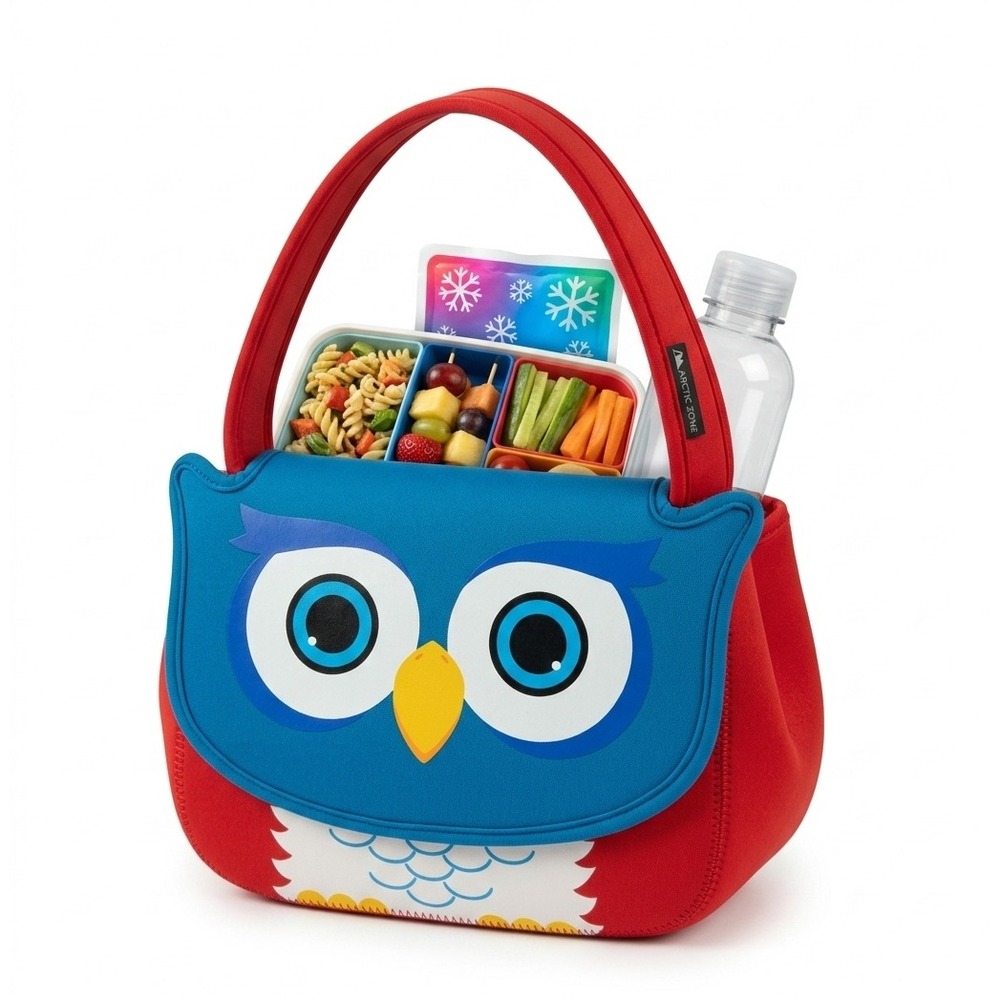 Arctic Zone Lunch Bag Red Blue Owl Insulated Neoprene Tote - Small